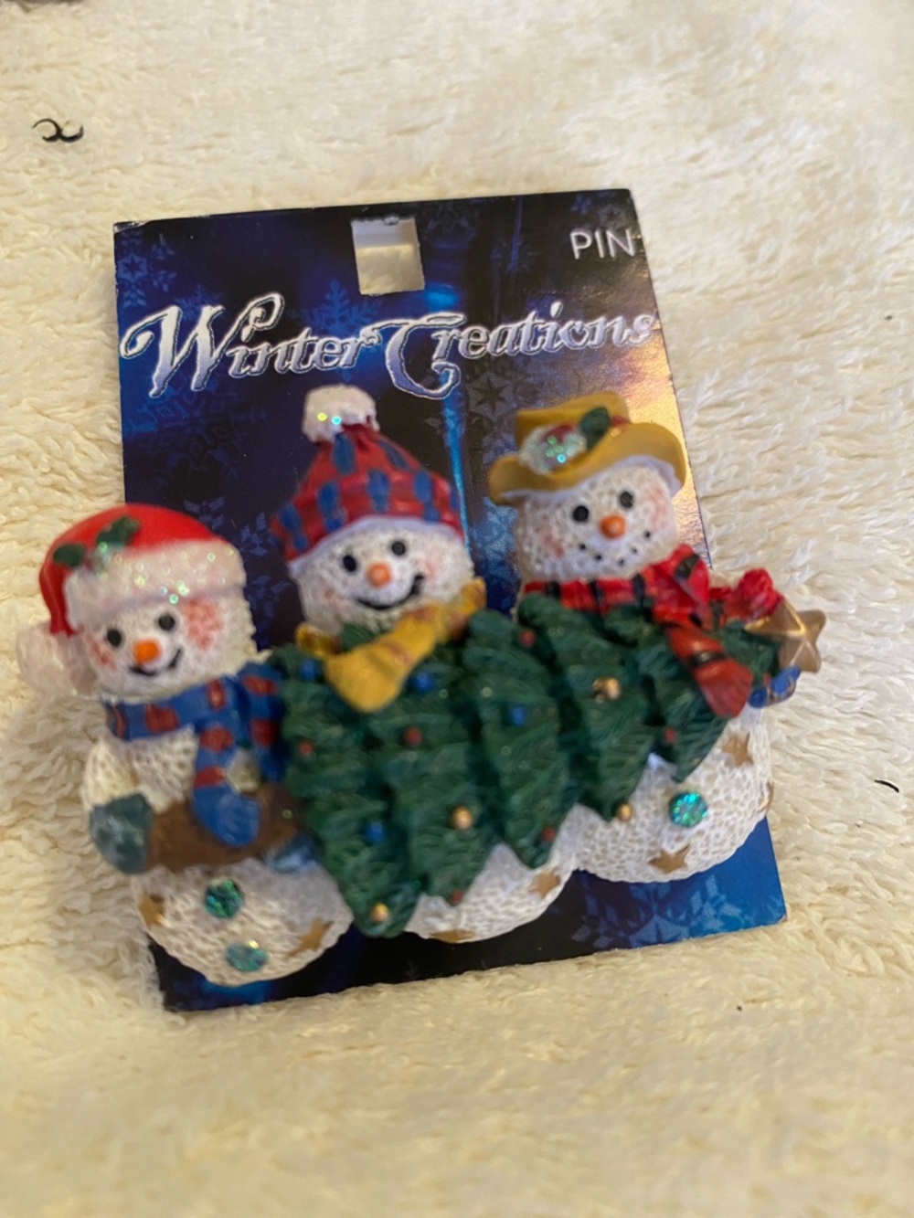 Snowmen Trio Green Tree Holiday Brooch
